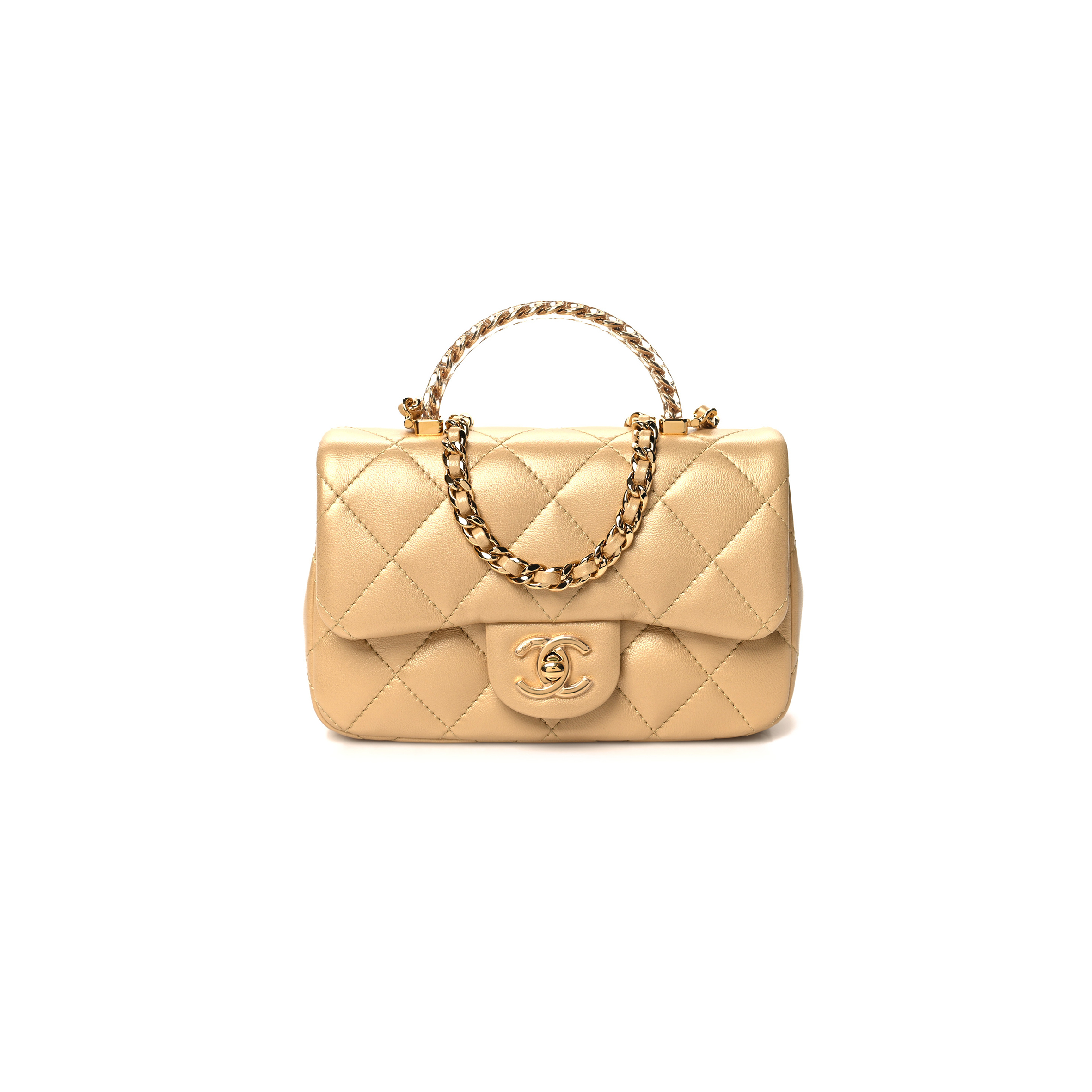 Ch*el master lambskin quilted mini resin top handle rectangular flap gold (19*12*6cm)